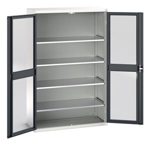 verso window door cupboard with 4 shelves. WxDxH: 1300x550x2000mm. RAL 7035/5010 or selected Verso Glazed Clear View Storage Cupboards for Tools with Shelves